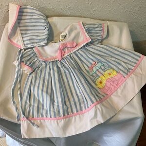 Vintage Baby dress and bonnet 12 months striped ducks